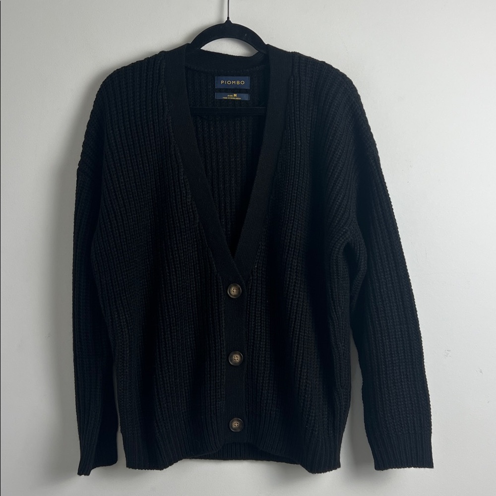 NEW Piombo Women's Medium Chunky Knit Black Wool Blend Button Front Sweater